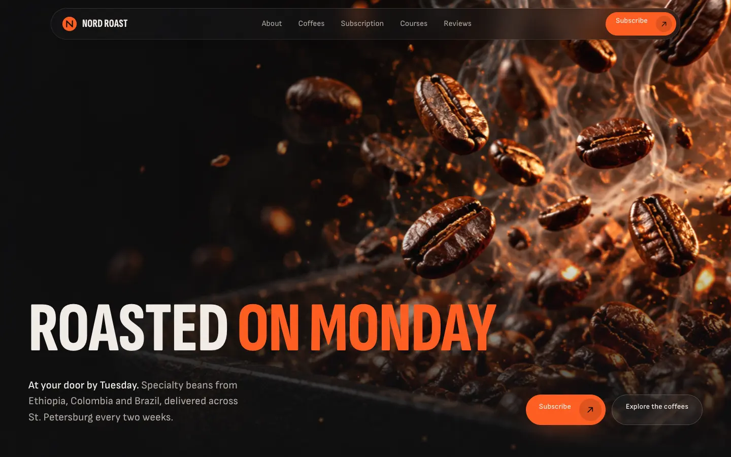 После: сайт Nord Roast с крупным заголовком Roasted on Monday и летящими зёрнами